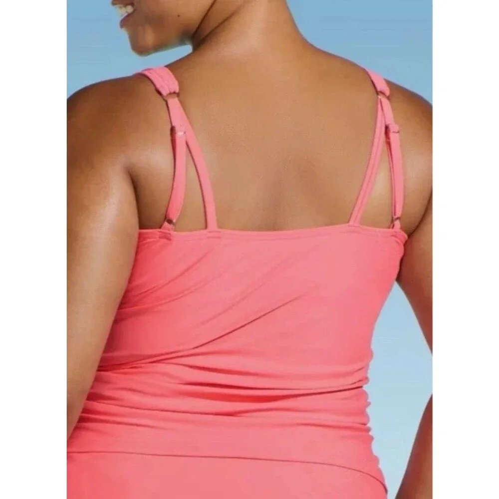 Land's End Coral Peach V-Neck Tankini Swim Top Women's Size 12 Underwire